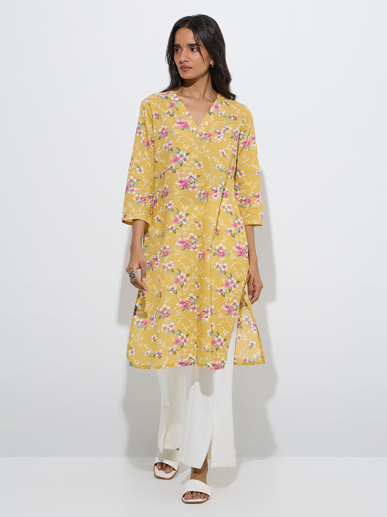 westisde Utsa Women's Yellow Floral Pattern Cotton Straight Kurta for Everyday Full Model View