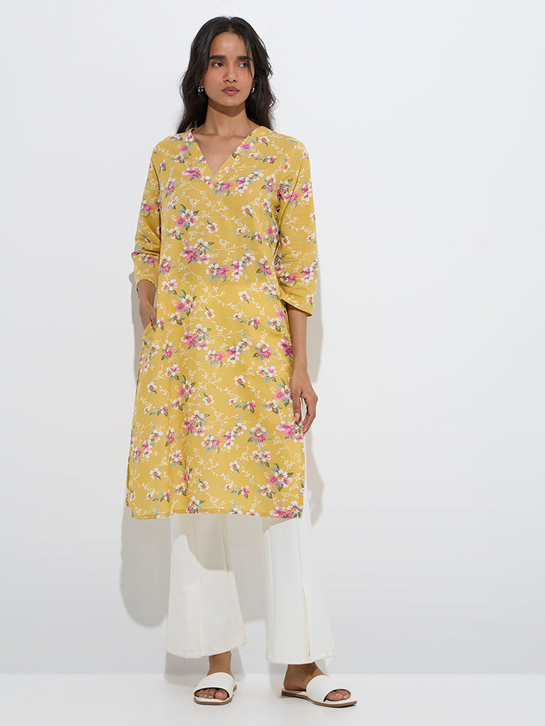 westisde Utsa Women's Yellow Floral Pattern Cotton Straight Kurta for Everyday Front View