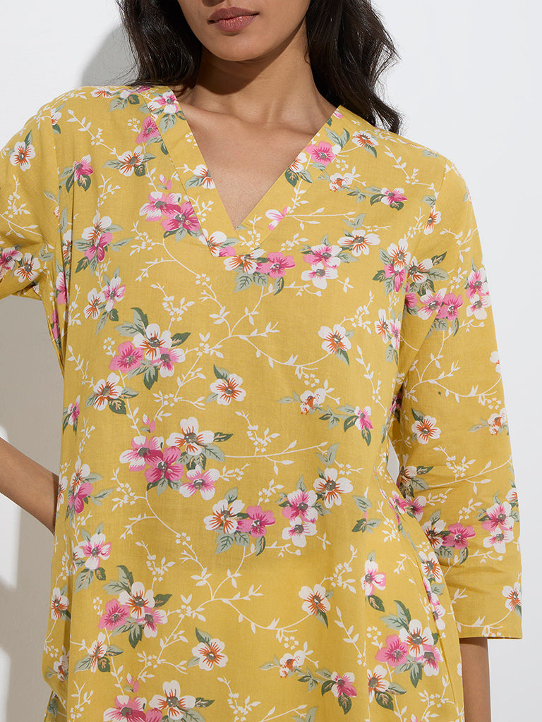 westisde Utsa Women's Yellow Floral Pattern Cotton Straight Kurta for Everyday Zoom View