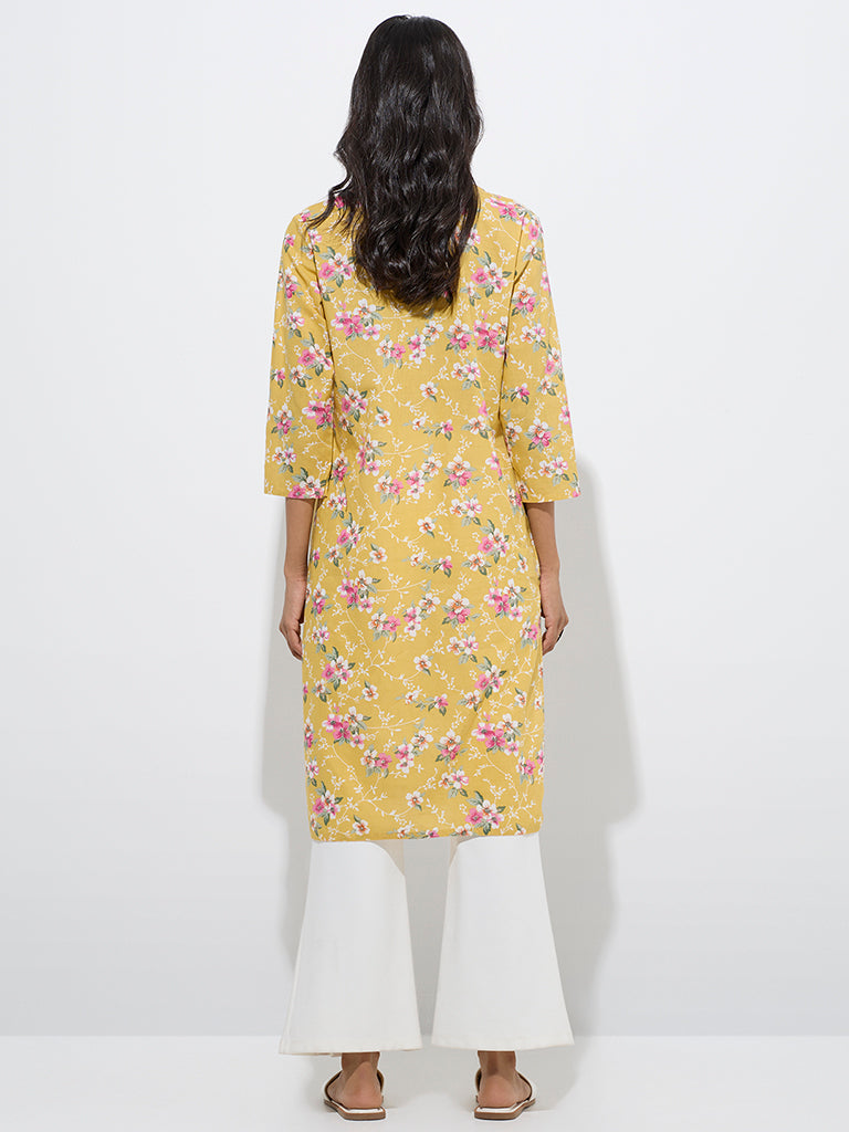 westisde Utsa Women's Yellow Floral Pattern Cotton Straight Kurta for Everyday Back View
