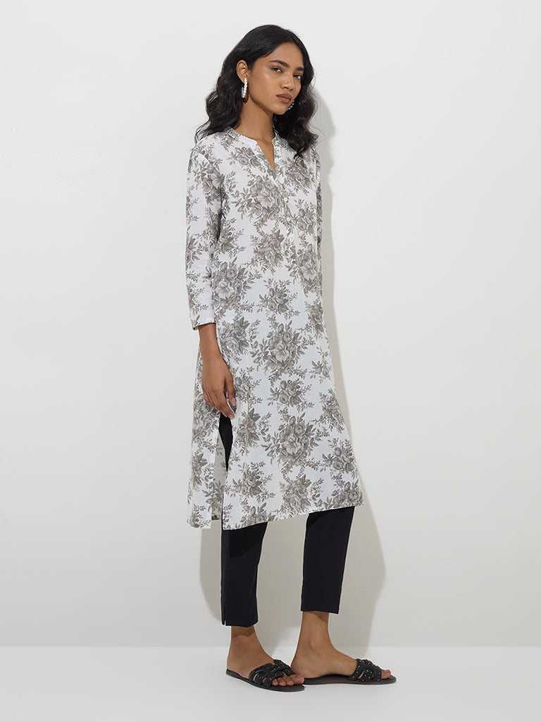 Utsa Grey Botanical Pattern Straight Cotton Kurta