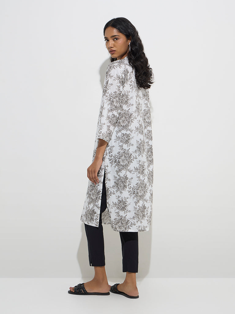 westisde Utsa Women's Grey Botanical Pattern Straight Cotton Kurta for Everyday Back View