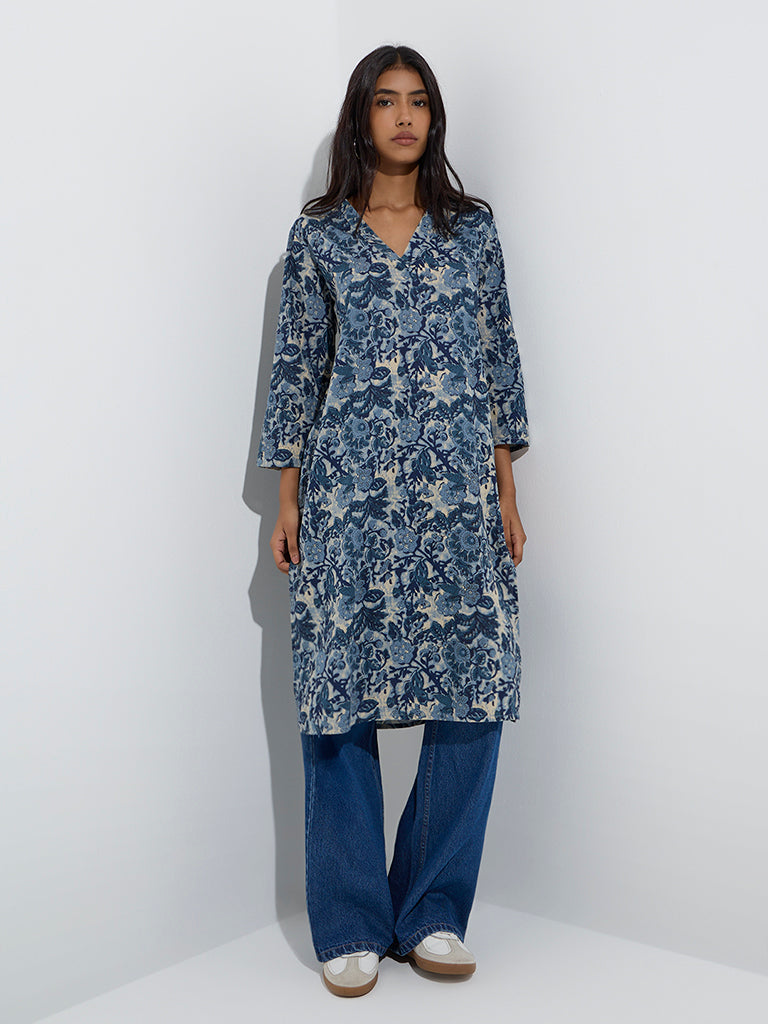 Buy Utsa Blue Floral Design Straight Cotton Kurta from Westside