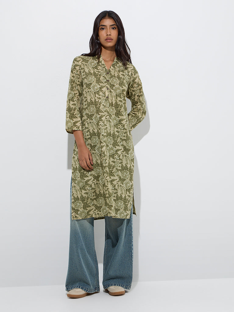 Olive Green Pure Cotton Floral Kurta Set
