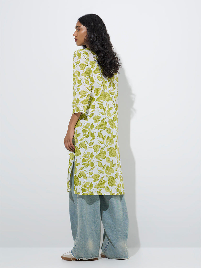 westisde Utsa Women's Lime Leaf Patterned Straight Cotton Kurta for Everyday Back View