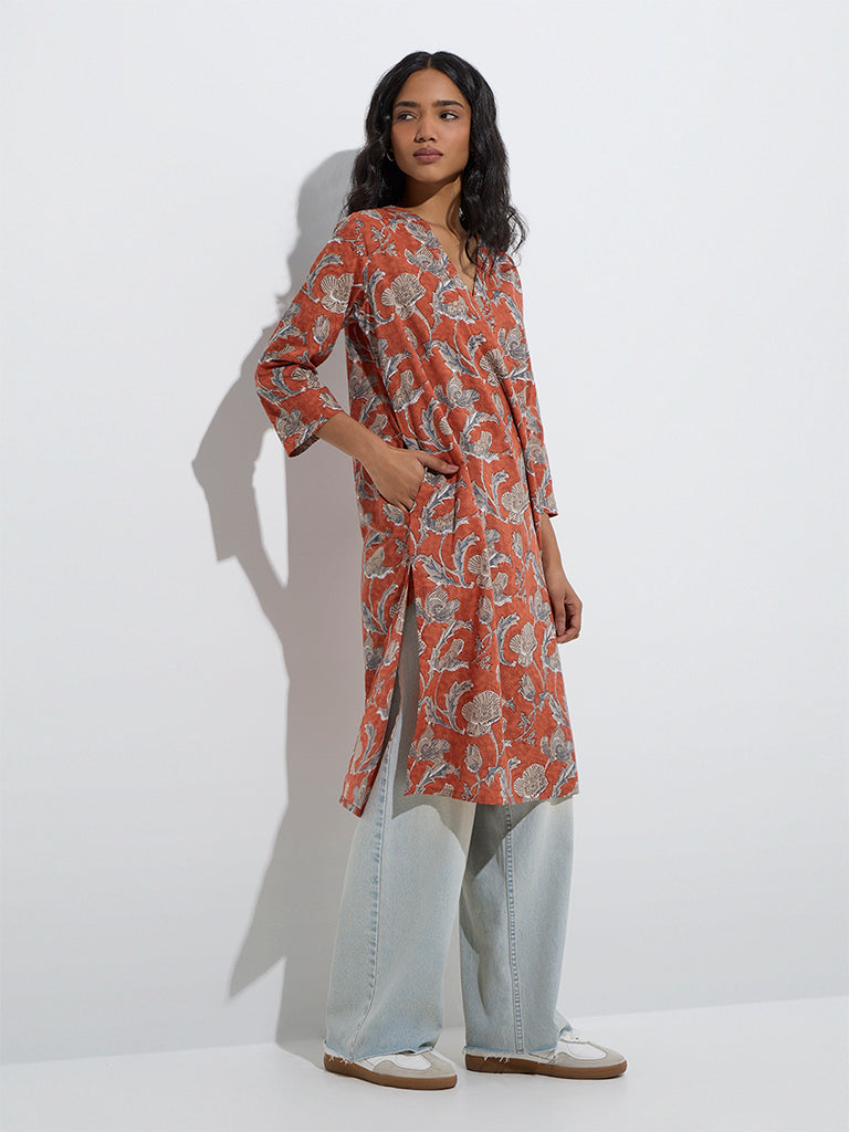 Westside Utsa Women's Rust Mughal-Inspired Cotton Straight Kurta for Everyday Full Model View