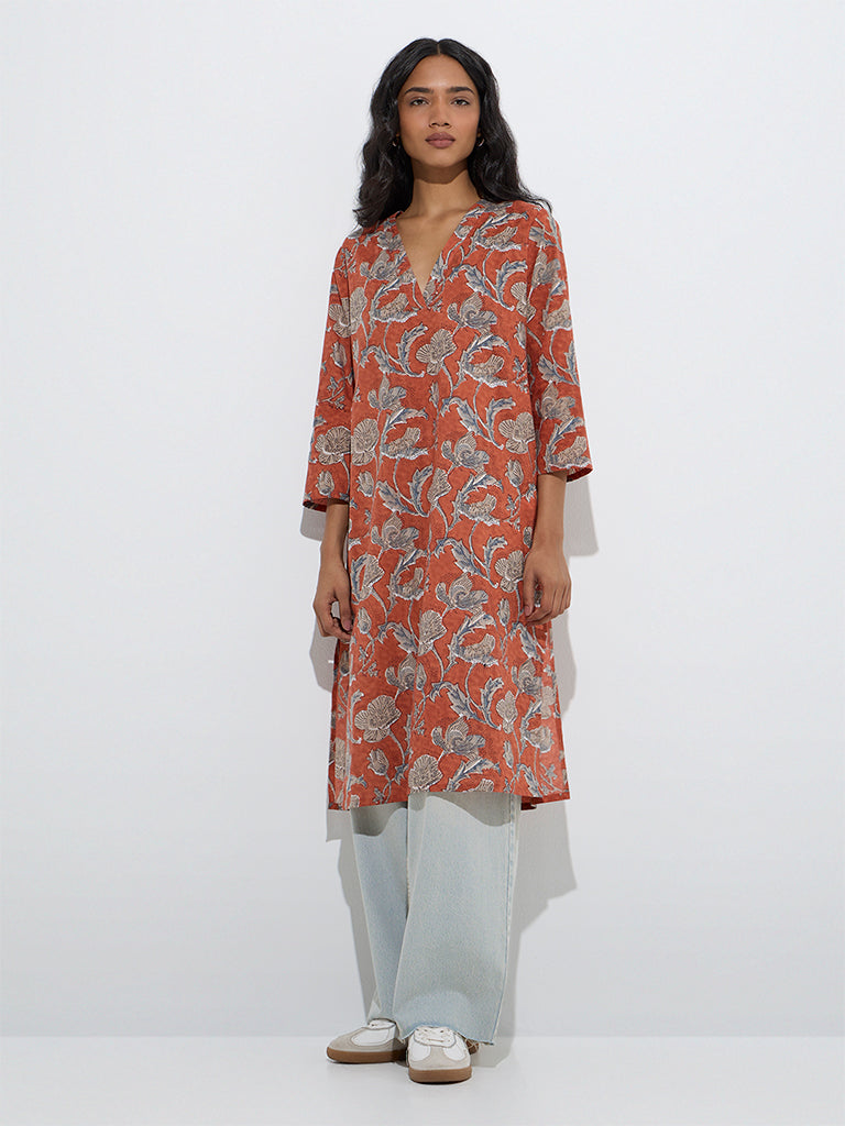 Westside Utsa Women's Rust Mughal-Inspired Cotton Straight Kurta for Everyday Front View