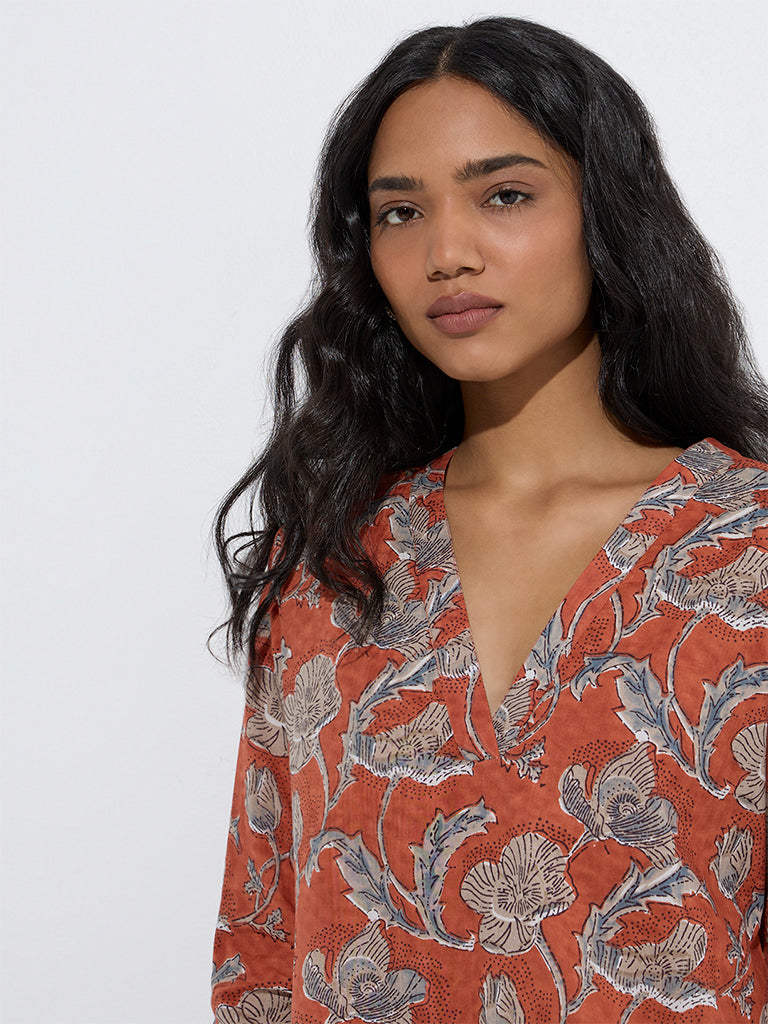 Westside Utsa Women's Rust Mughal-Inspired Cotton Straight Kurta for Everyday Zoom View