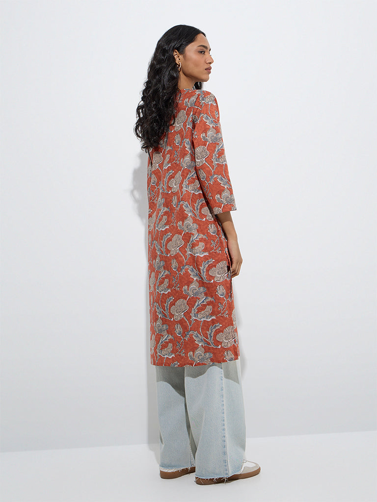Westside Utsa Women's Rust Mughal-Inspired Cotton Straight Kurta for Everyday Back View