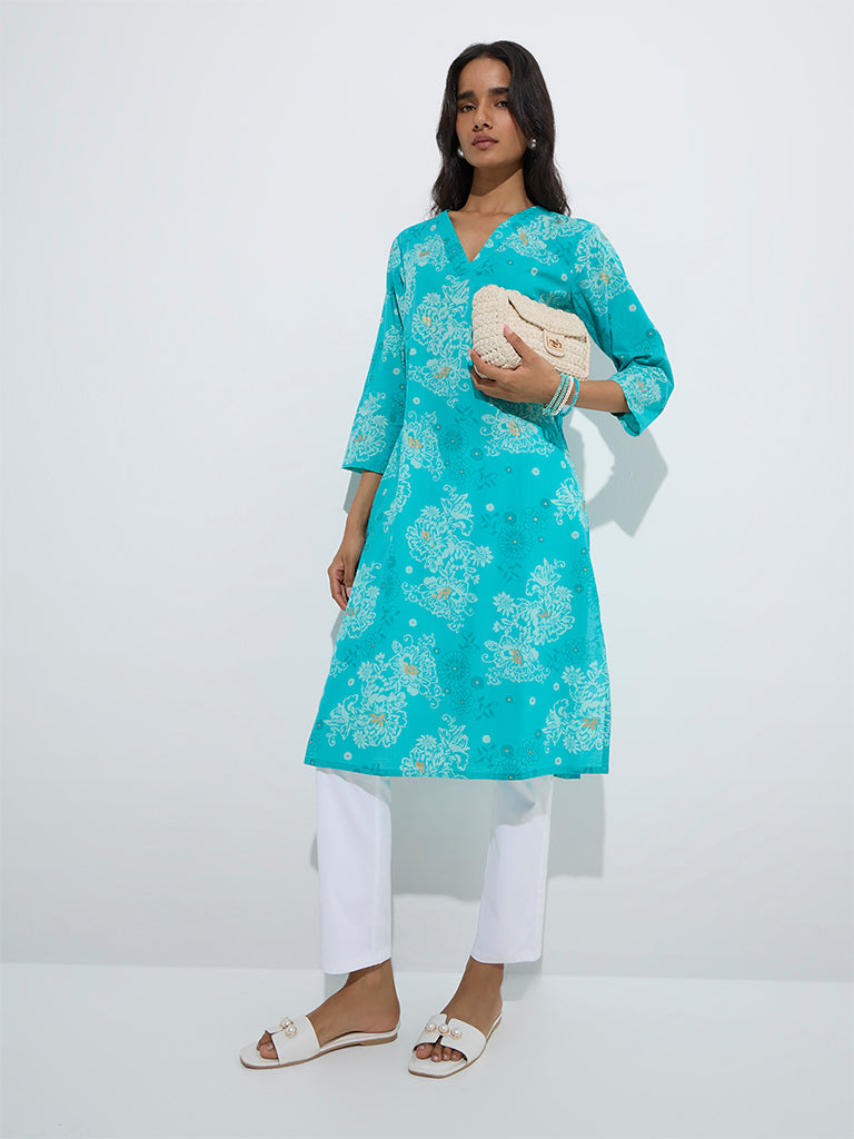 westisde Utsa Women's Turquoise Botanical Design Cotton Straight Kurta for Everyday Full Model View
