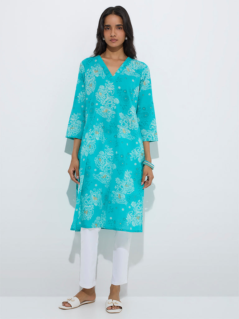 westisde Utsa Women's Turquoise Botanical Design Cotton Straight Kurta for Everyday Front View