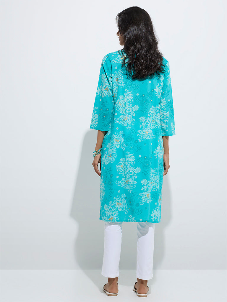 westisde Utsa Women's Turquoise Botanical Design Cotton Straight Kurta for Everyday Back View