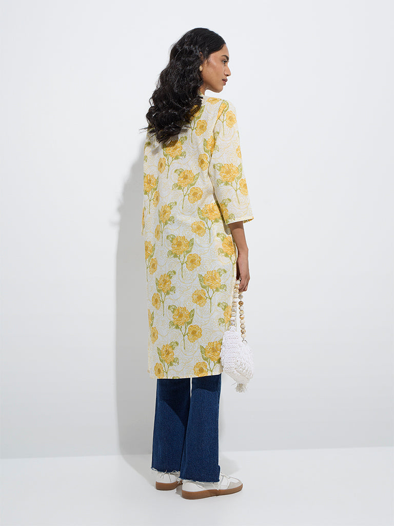 westisde Utsa Women's Yellow Floral Pattern Straight Cotton Kurta for Everyday Back View