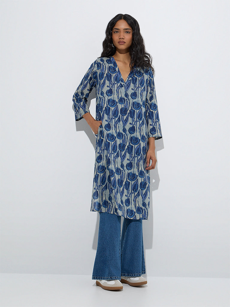 Westside Utsa Women's Blue Floral Pattern Cotton Straight Kurta for Everyday Front View