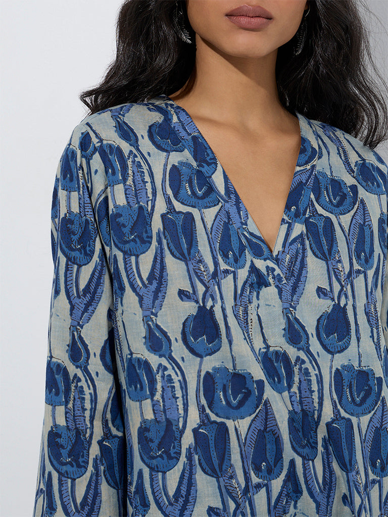 Westside Utsa Women's Blue Floral Pattern Cotton Straight Kurta for Everyday Zoom View