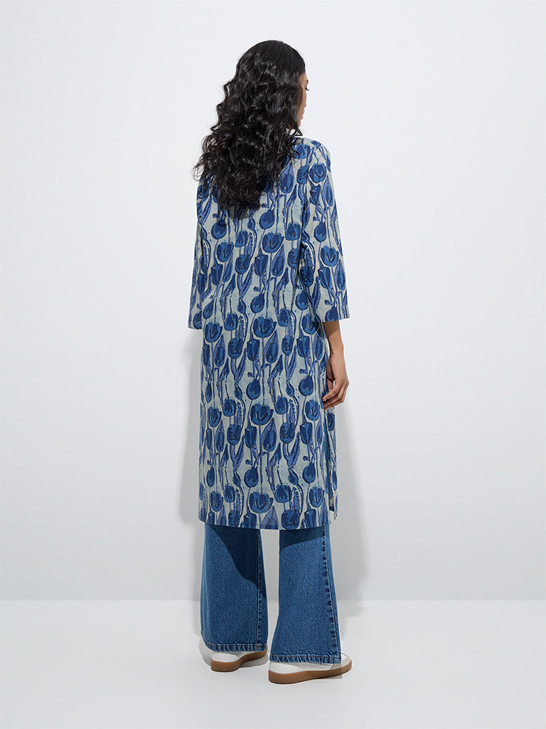 Westside Utsa Women's Blue Floral Pattern Cotton Straight Kurta for Everyday Back View