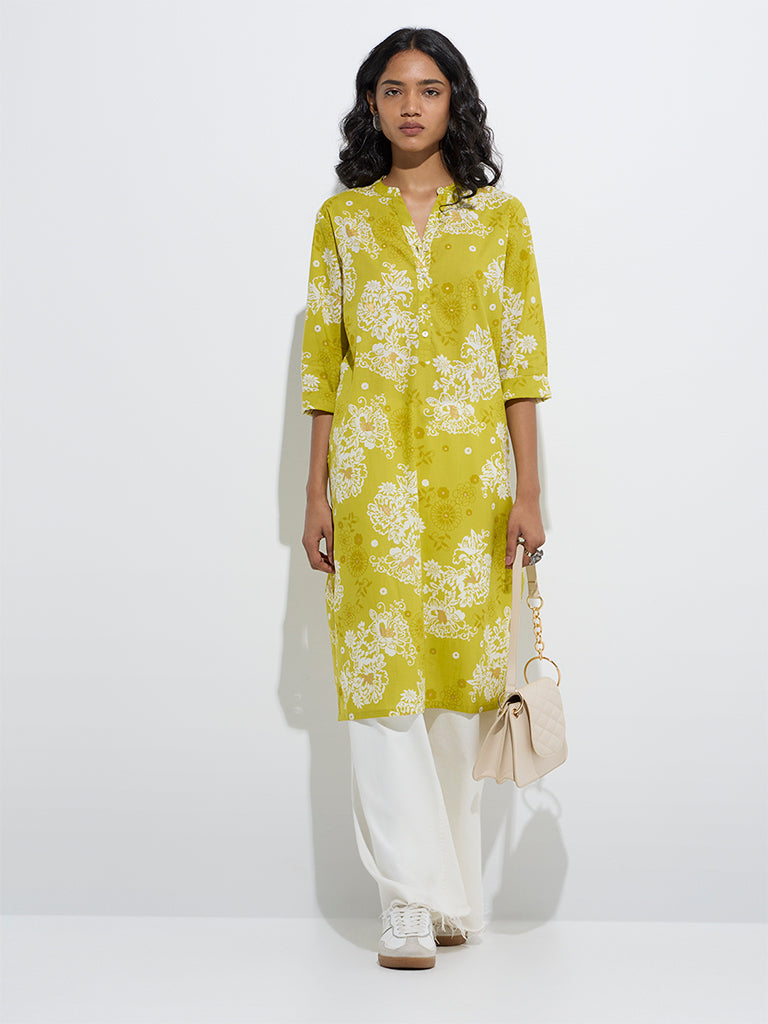 Utsa Mustard Floral Design Straight Cotton Kurta