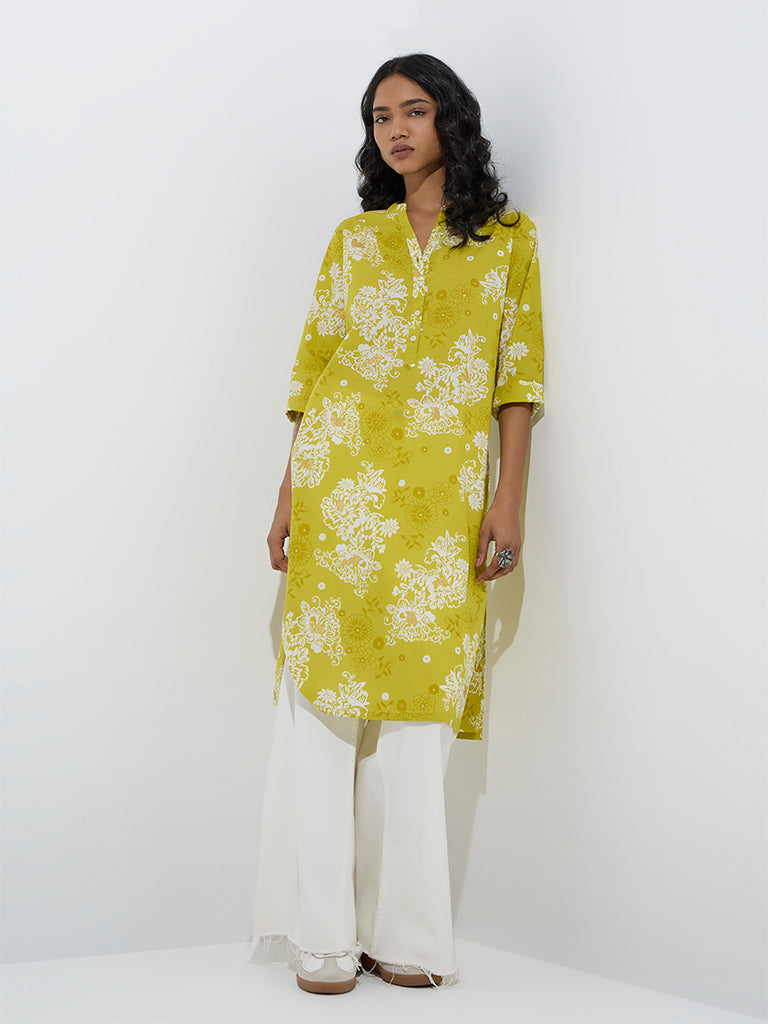 Utsa Mustard Floral Design Straight Cotton Kurta