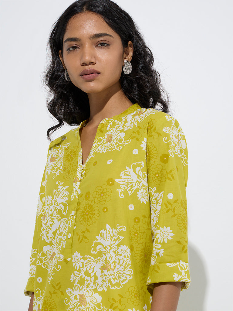 Utsa Mustard Floral Design Straight Cotton Kurta