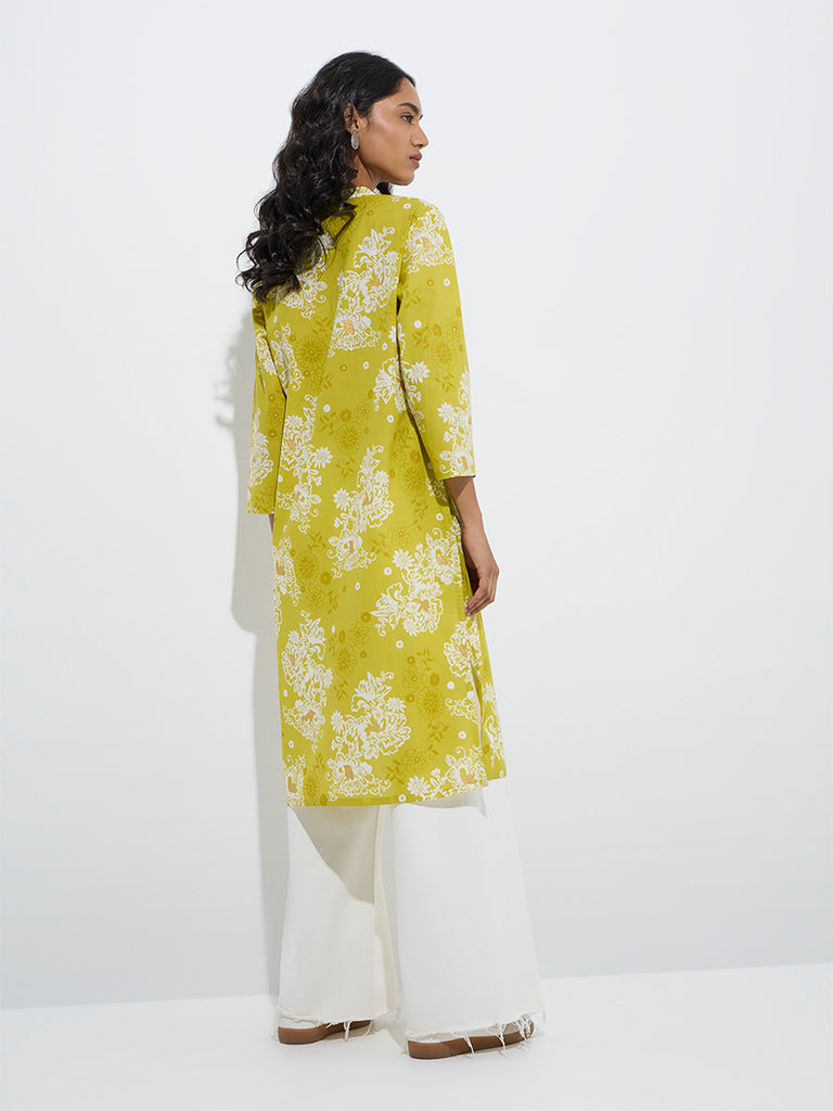 westisde Utsa Women's Mustard Floral Design Straight Cotton Kurta for Everyday Back View