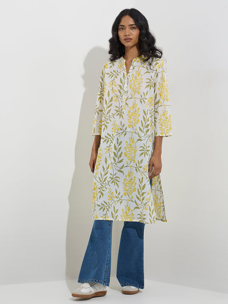 Utsa Yellow Foliage Design Straight Cotton Kurta