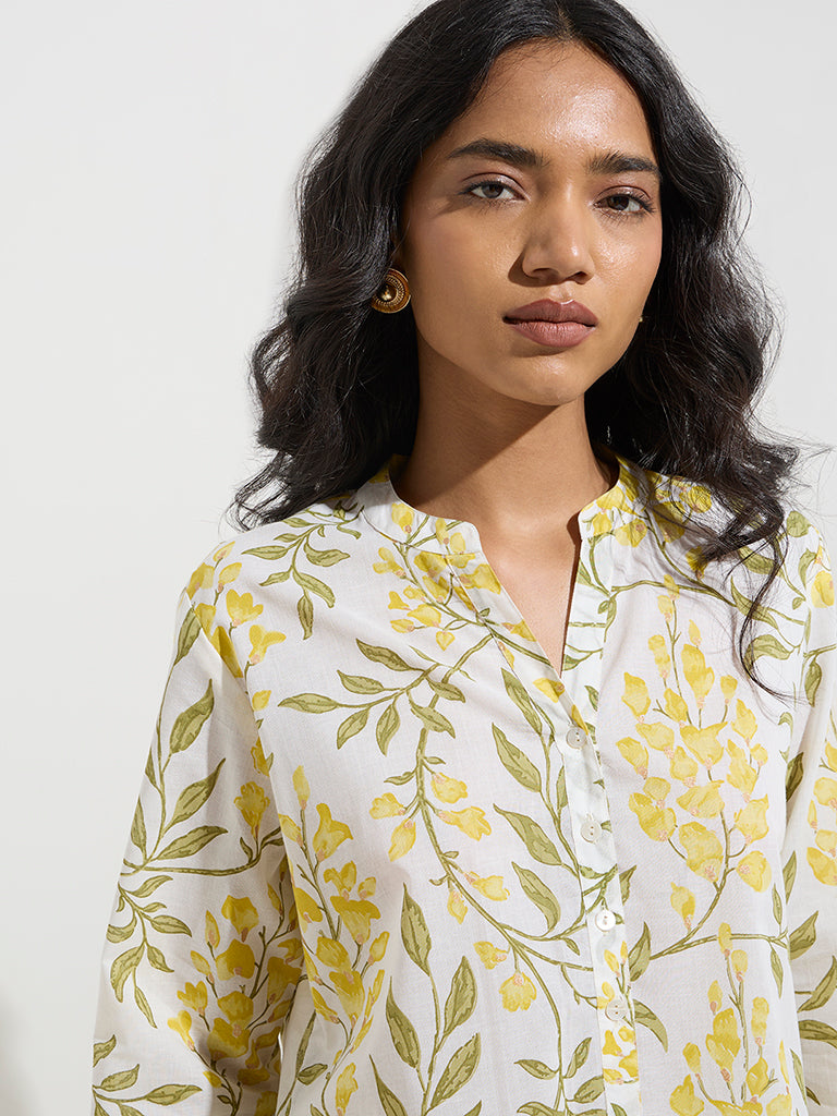 Utsa Yellow Foliage Design Straight Cotton Kurta
