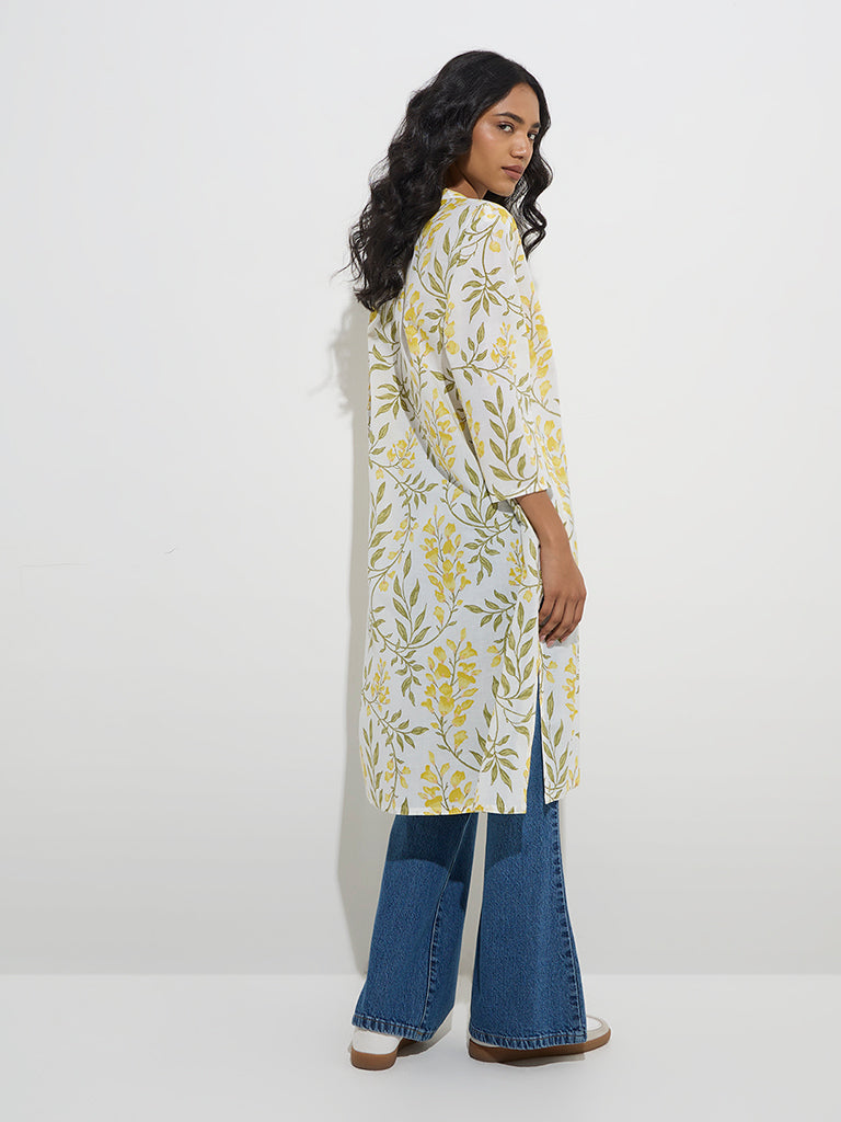 Utsa Yellow Foliage Design Straight Cotton Kurta
