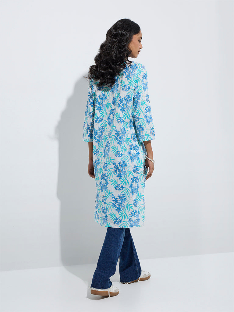Utsa Aqua Foliage Printed Straight Cotton Kurta