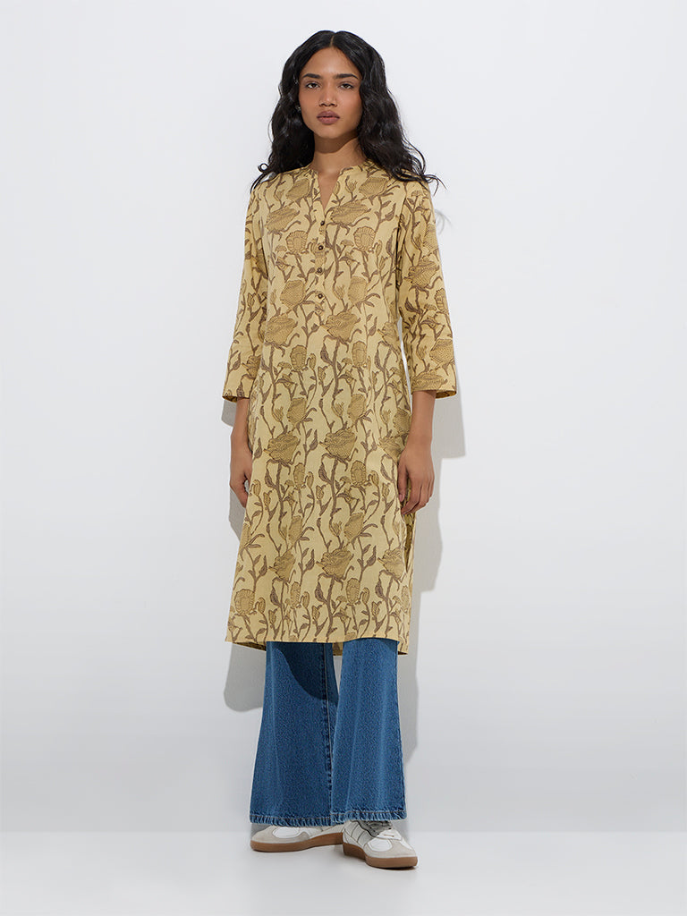 Westside Utsa Women's Yellow Floral Printed Cotton Straight Kurta for Everyday Front View