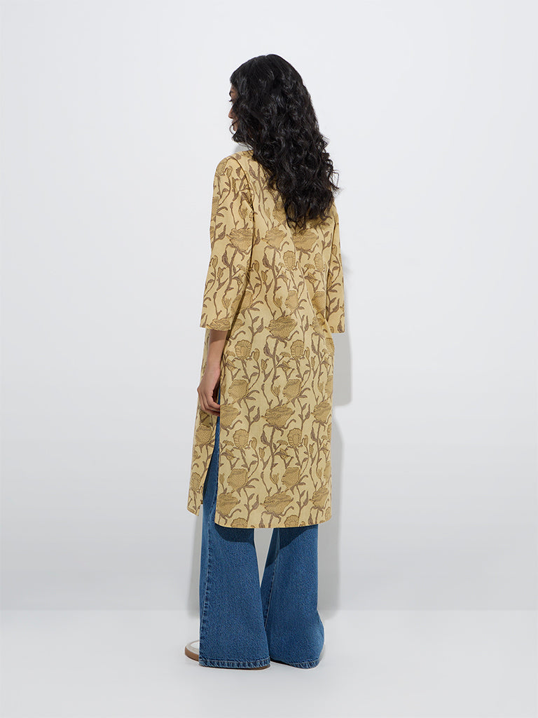Westside Utsa Women's Yellow Floral Printed Cotton Straight Kurta for Everyday Back View