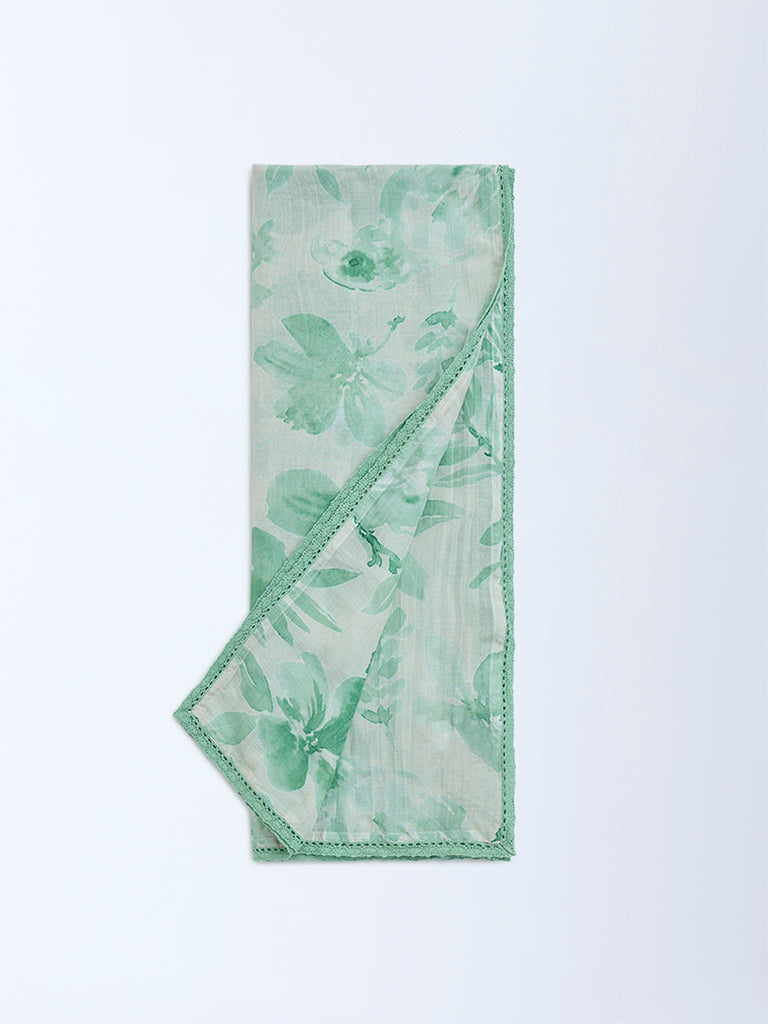Zuba Green Botanical Pattern Cotton-Blend Stole