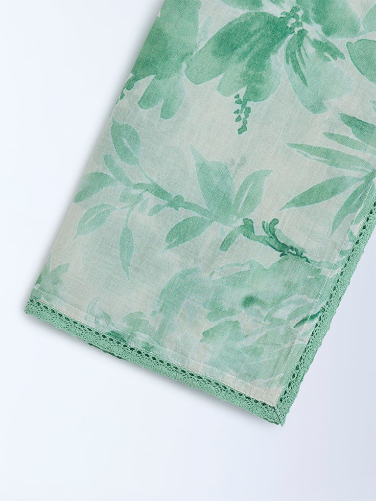 Zuba Green Botanical Pattern Cotton-Blend Stole