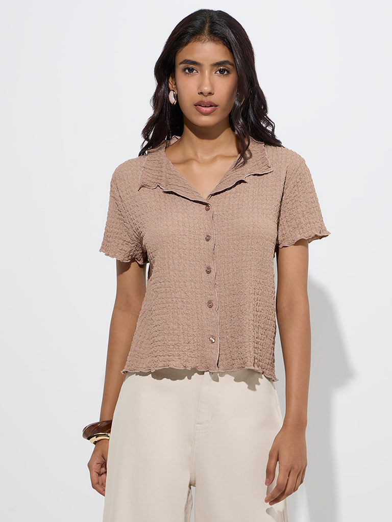 Westside LOV Women's Dark Beige Self-Textured Shirt for Casual Wear Front View