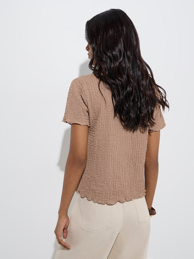 Westside LOV Women's Dark Beige Self-Textured Shirt for Casual Wear Back View