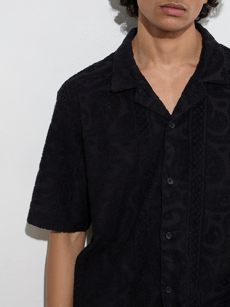 ETA Black Paisley Design Relaxed-Fit Cotton-Blend Shirt