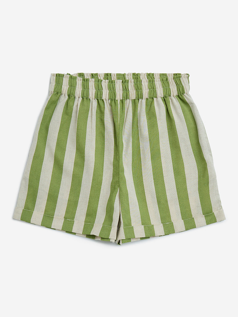 Utsa Kids Green Stripe Printed Cotton-Blend Shorts (8-14yrs)