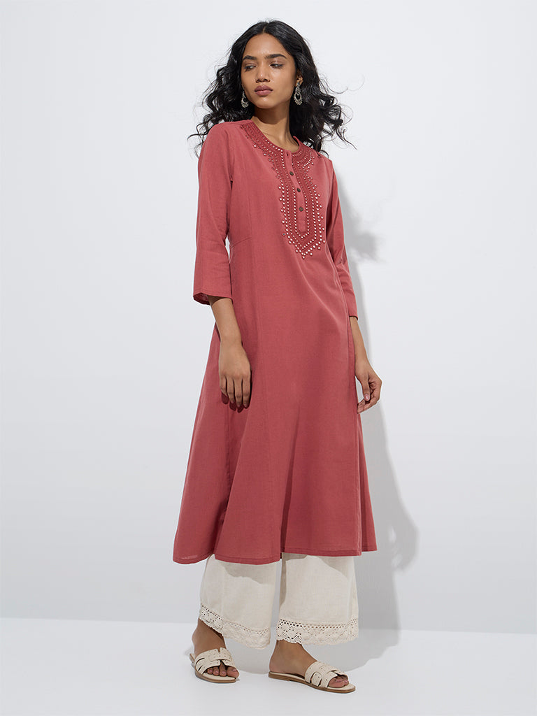 Utsa Red Mirror Work A-Line Cotton Kurta