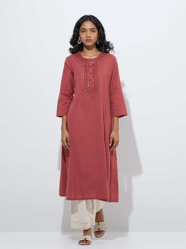 Utsa Red Mirror Work A-Line Cotton Kurta