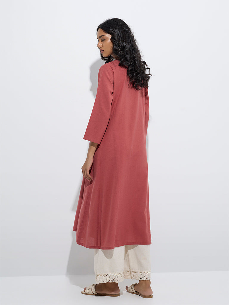 westisde Utsa Women's Red Mirror Work A-Line Cotton Kurta for Work Wear Back View
