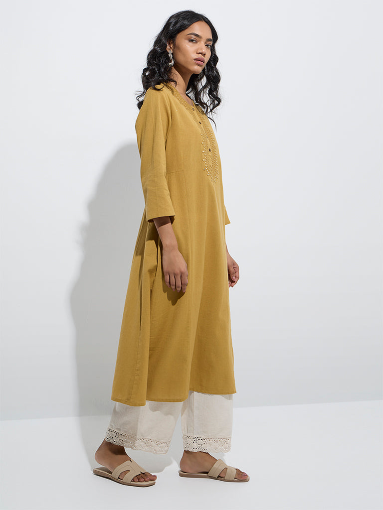 Utsa Mustard Mirror Work A-Line Cotton Kurta