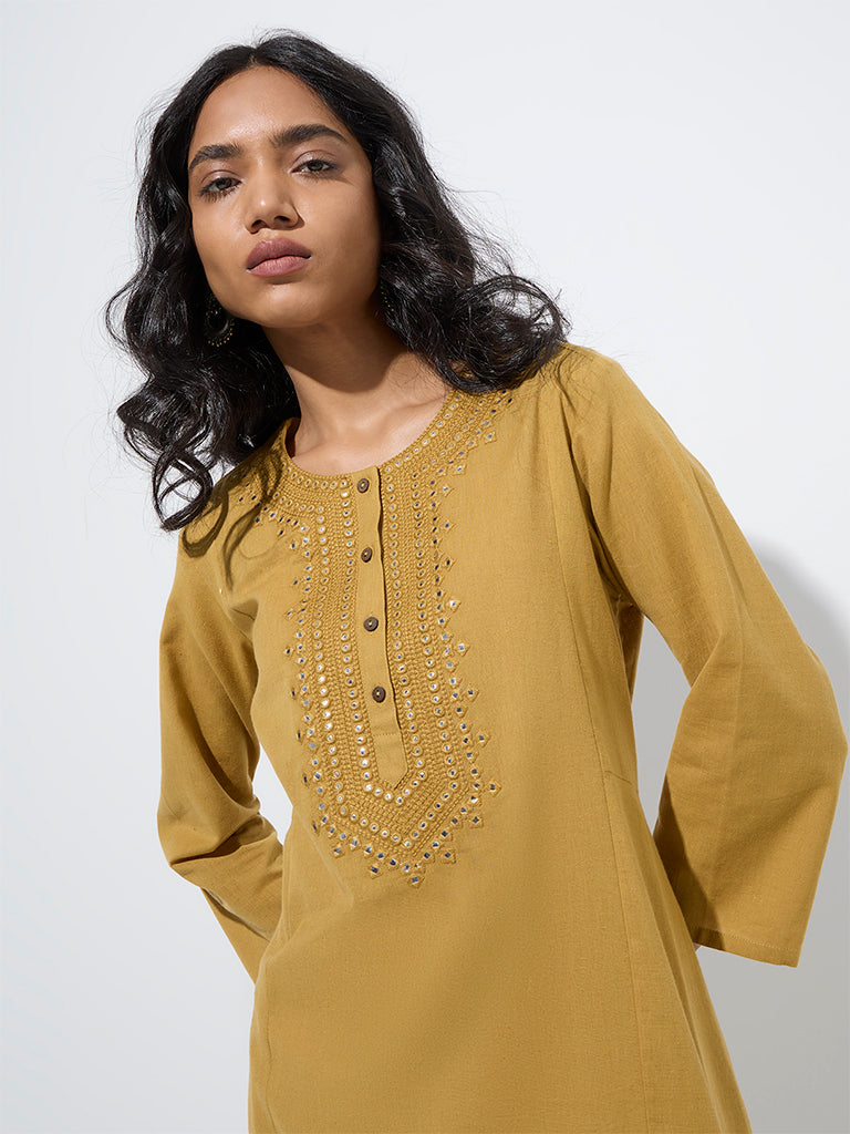 Utsa Mustard Mirror Work A-Line Cotton Kurta