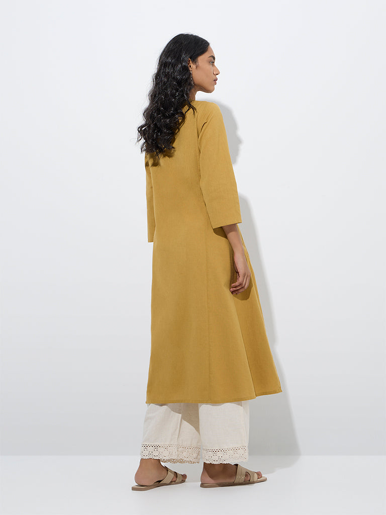 westisde Utsa Women's Mustard Mirror Work A-Line Cotton Kurta for Work Wear Back View