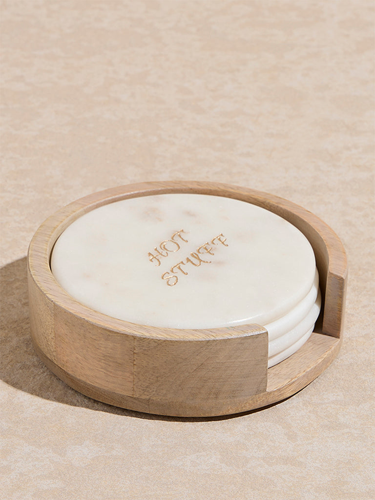 Westside Home White Marble Coaster with Holder (Set of 4)
