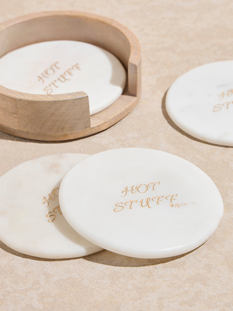Westside Home White Marble Coaster with Holder (Set of 4)