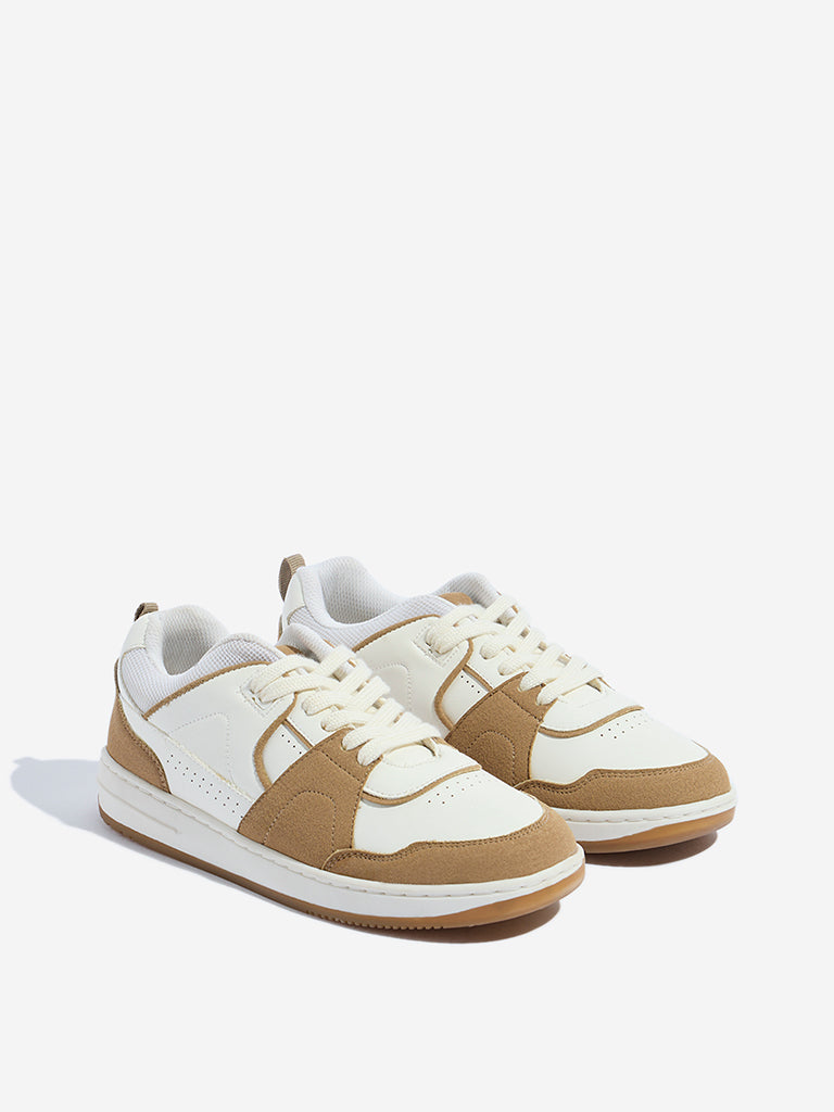 Westside Yellow Kids Beige Perforated Lace-Up Sneakers Front View
