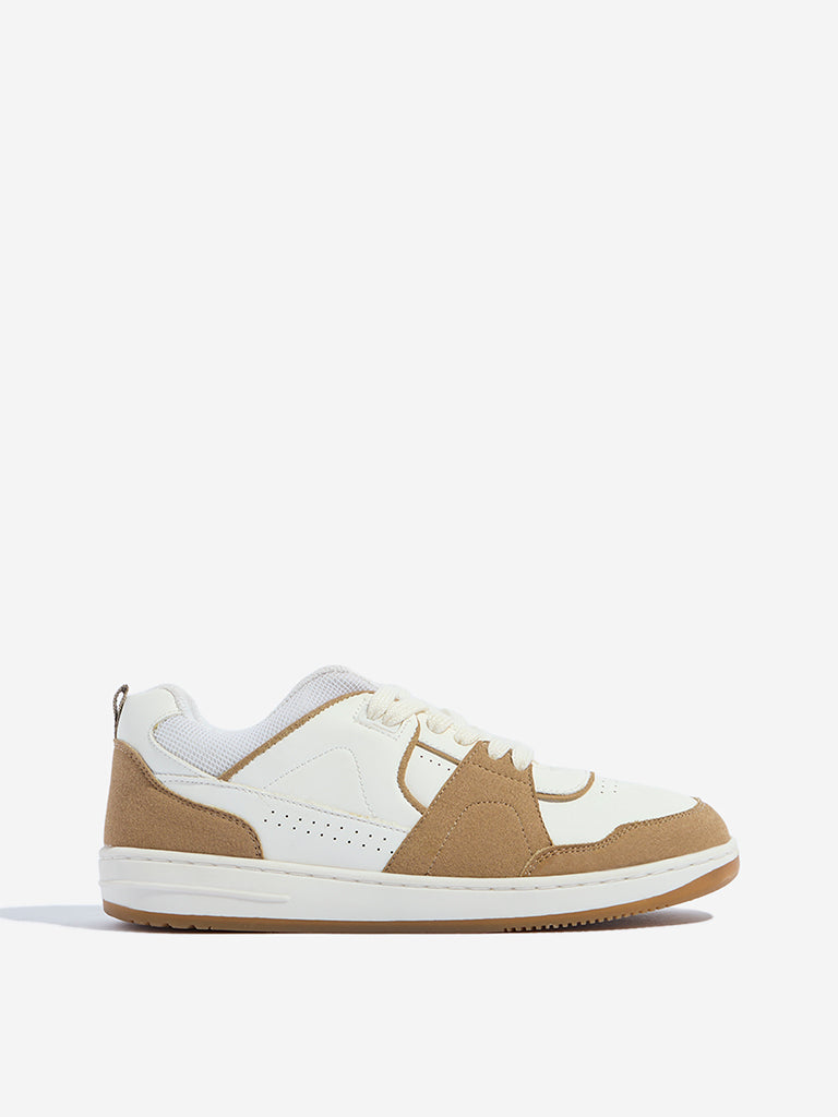 Westside Yellow Kids Beige Perforated Lace-Up Sneakers Side View