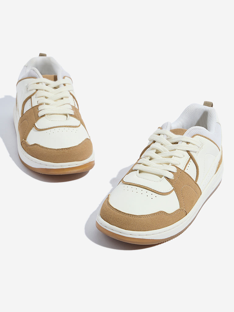 Westside Yellow Kids Beige Perforated Lace-Up Sneakers Zoomed View