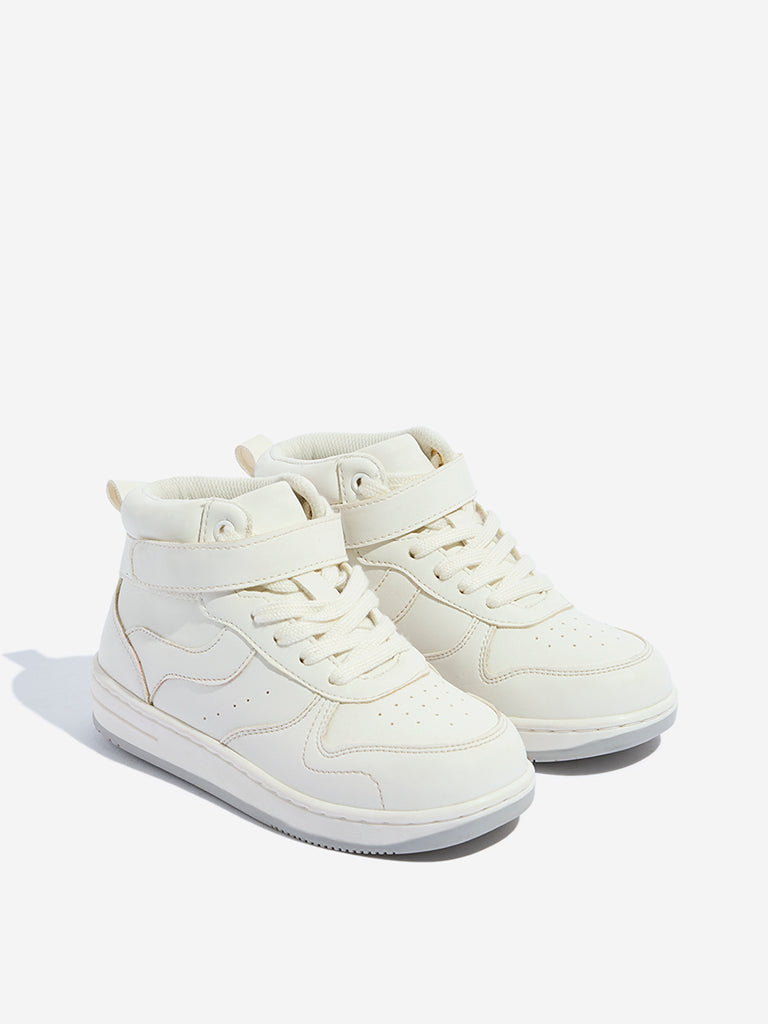 Westside Yellow Kids White Lace-Up High-Top Boots for Casual Wear Front View