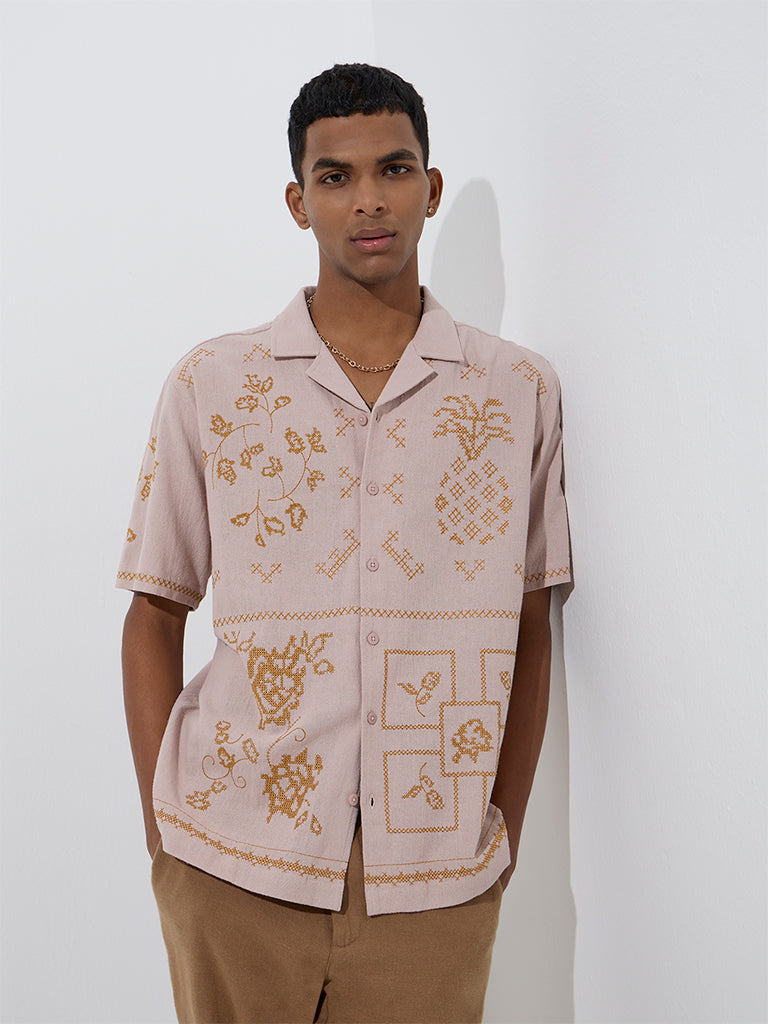 Westside ETA Men's Dusty Pink Embroidered Relaxed-Fit Cotton Shirt for Casual Wear Front View