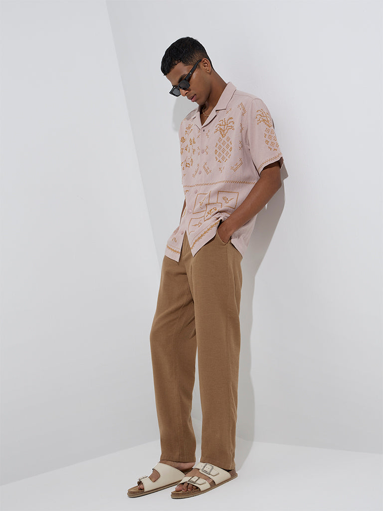 Westside ETA Men's Dusty Pink Embroidered Relaxed-Fit Cotton Shirt for Casual Wear Full Model View